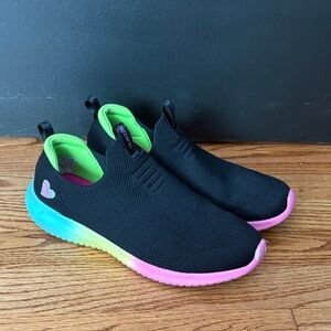 Skechers Kids Black Slip-On Sneakers with Neon Green Lining and Rainbow Sole